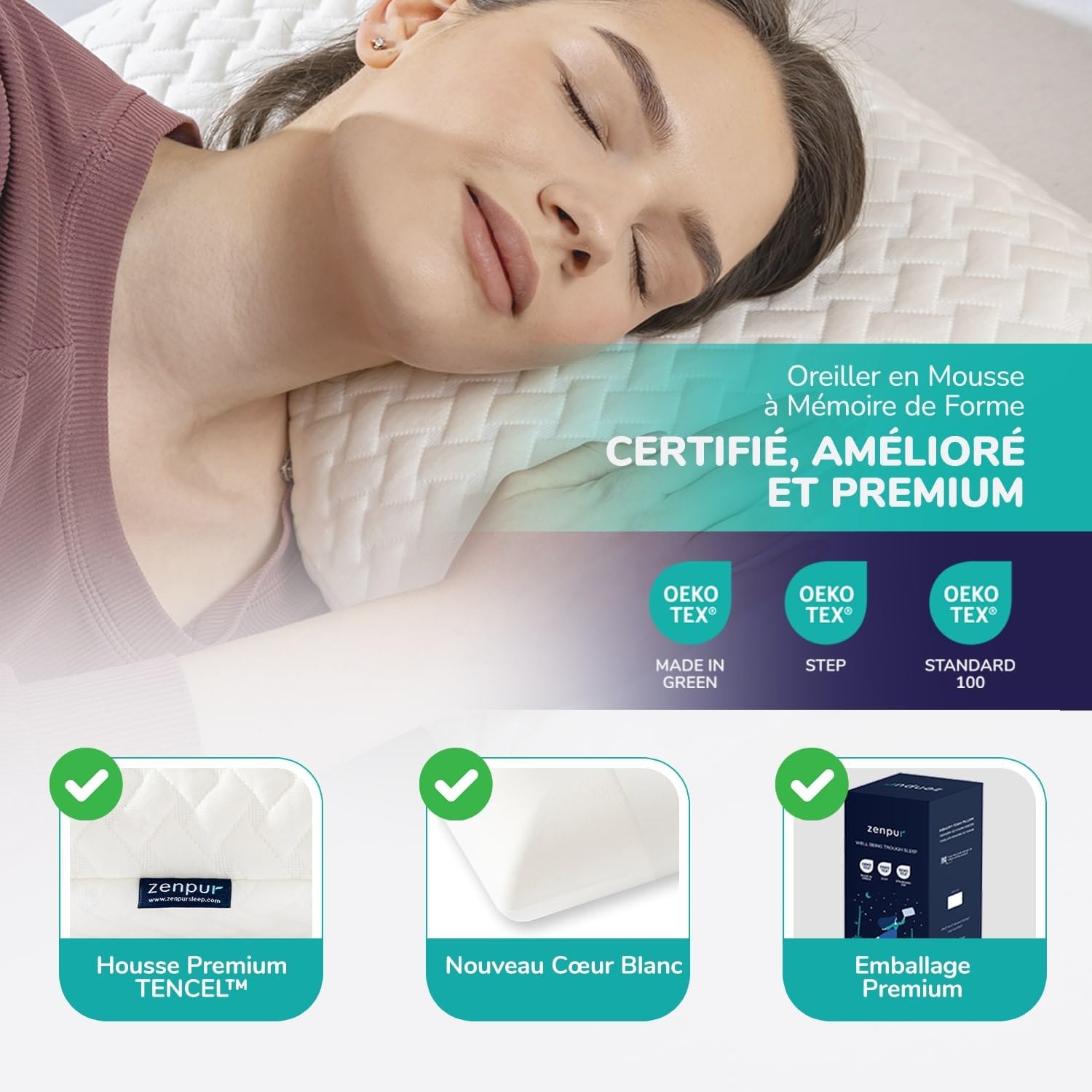 Oreiller ZenPur 13 cm en situation sur un lit