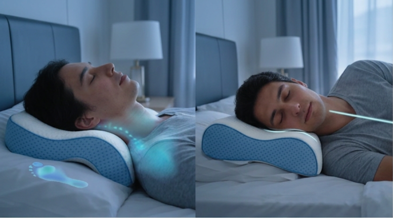 Position de sommeil sur le dos et sur le côté avec oreiller cervical